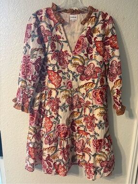 Charlies Cream Midi Dress with Red and Orange Floral Print size Small